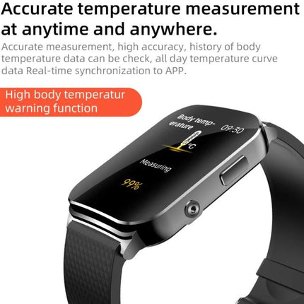 Essential Smart Watch for Everyday Health and Activity Monitoring - sleek black smartwatch showing temperature measurement and high body temperature warning