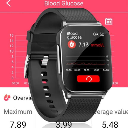 Essential Smart Watch for Everyday Health and Activity Monitoring - black smartwatch showing blood glucose, heart rate and activity tracking on screen