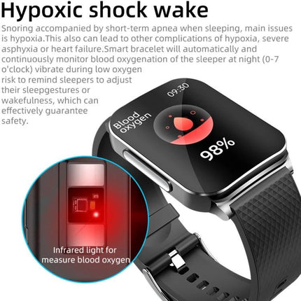 Essential Smart Watch for Everyday Health and Activity Monitoring — black wearable showing blood oxygen 98% and infrared sensor for sleep and heart tracking
