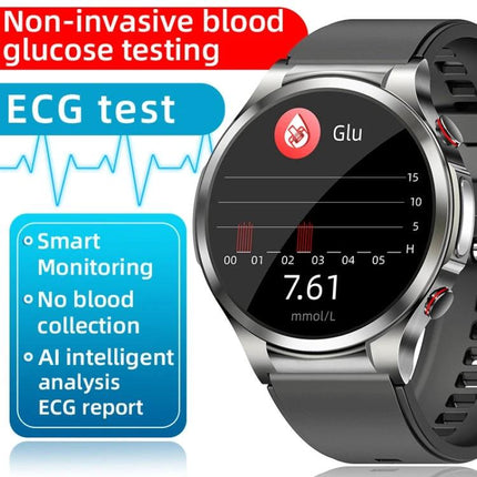 A Versatile Smart Watch for Daily Wellness and Activity Support showing ECG test, non-invasive glucose readout and sleep/activity monitoring