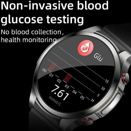 A Versatile Smart Watch for Daily Wellness and Activity Support showing non-invasive blood glucose testing screen with 7.61 mmol/L reading