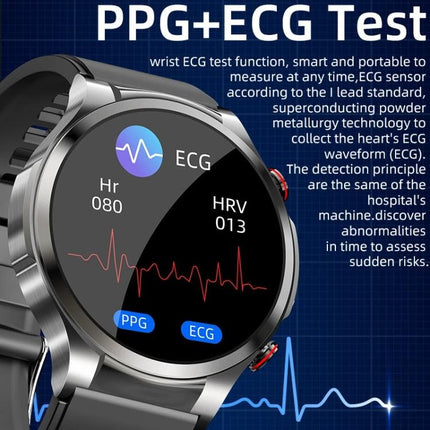 A Versatile Smart Watch for Daily Wellness and Activity Support with ECG display showing HR 080 HRV 013 and PPG+ECG monitoring on stainless steel smartwatch