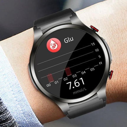A Versatile Smart Watch for Daily Wellness and Activity Support showing glucose trend 7.61 mmol/L on round black smartwatch display