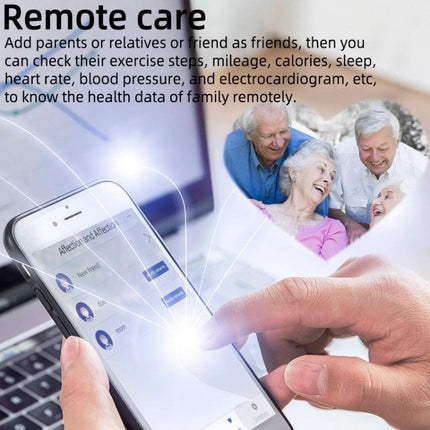 A Versatile Smart Watch for Daily Wellness and Activity Support - smartphone app showing remote care, ECG, heart rate and sleep tracking for family monitoring