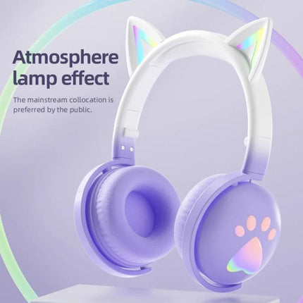 Cat Ear Wireless Headset With Mic For Hands Free Calls purple cat-ear Bluetooth headset with detachable mic and paw LED