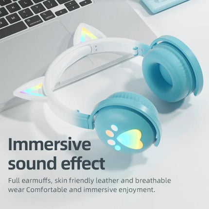 Cat Ear Wireless Headset With Mic For Hands Free Calls - blue cat ear Bluetooth headset with detachable mic and foldable frame