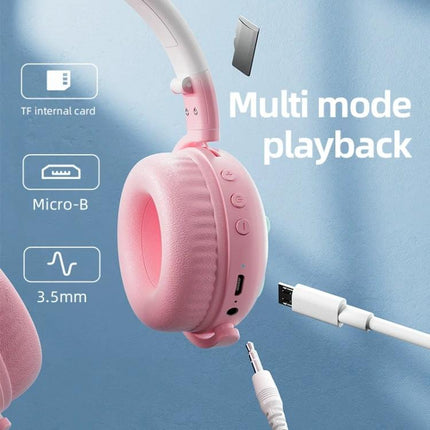 Cat Ear Wireless Headset With Mic For Hands Free Calls pink foldable Bluetooth 5.1 with 3.5mm jack and detachable mic