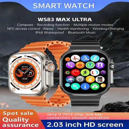 Keep track of your health with this everyday smart watch - WS83 Max Ultra showing heart rate, sleep and activity icons on 2.03 inch HD screen