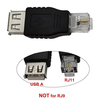 JUNSUNMAY USB Female to RJ11 Adapter for Telephone Data Transfer black USB A to RJ11 connector, close-up view
