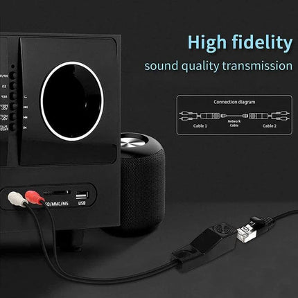 JUNSUNMAY USB Female to RJ11 Adapter for Telephone Data Transfer connected to speaker and phone jack demonstrating high fidelity sound