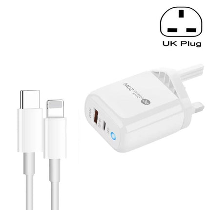 Charger for Everyday Phone Powering at Home and Travel - white dual-port UK plug charger with USB-C and Lightning cable