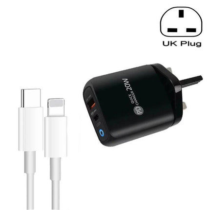Charger for Everyday Phone Powering at Home and Travel – dual-port 20W UK plug PD quick charger with USB-C and Lightning cable