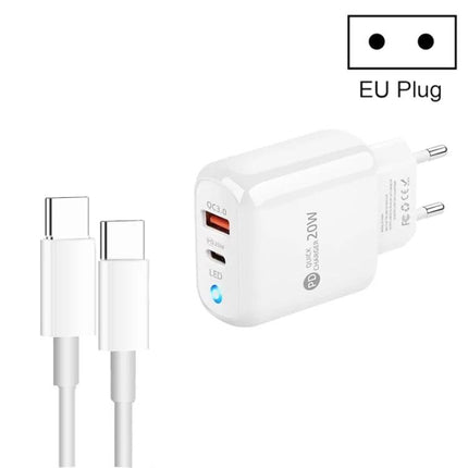 Practical USB-C Charger for Everyday Mobile Use at Home and Travel - 20W EU plug dual USB-C/USB-A fast charger with cable