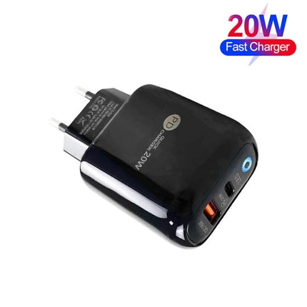 Practical USB-C Charger for Everyday Mobile Use at Home and Travel - compact 20W black fast charger with USB-C and USB-A ports