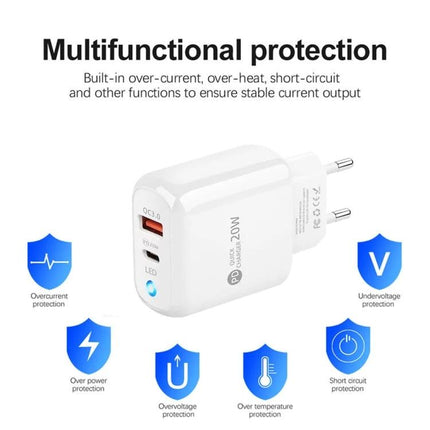 Practical USB-C Charger for Everyday Mobile Use at Home and Travel - white 20W compact dual-port wall charger showing protection icons