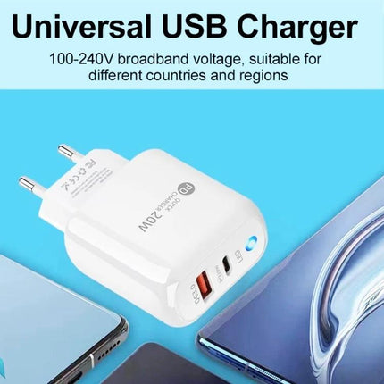 Practical USB-C Charger for Everyday Mobile Use at Home and Travel white compact dual-port charger shown with smartphones