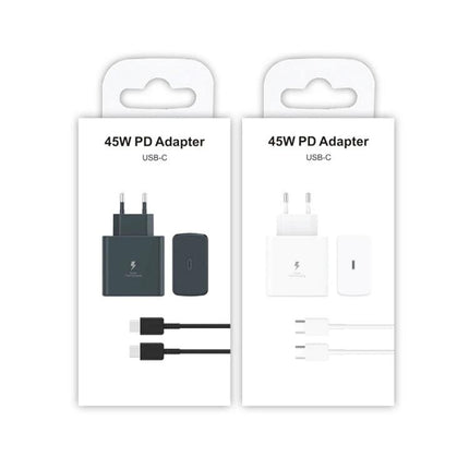 Charger for Everyday Phone Needs at Home or On the Go - 45W USB-C PD adapter in black and white, compact travel charger with USB-C cable