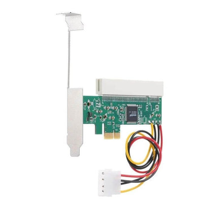 PCI-E to PCI Adapter Card with 4Pin Power Supply for PCI Devices showing PCB, bracket and 4-pin Molex power cable