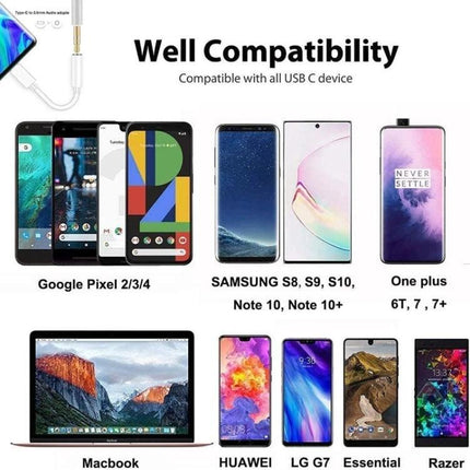 Adapter for Connecting Headphones to Smartphones Daily USB C to 3.5mm adapter showing wide compatibility with Google Pixel, Samsung, OnePlus, MacBook and more