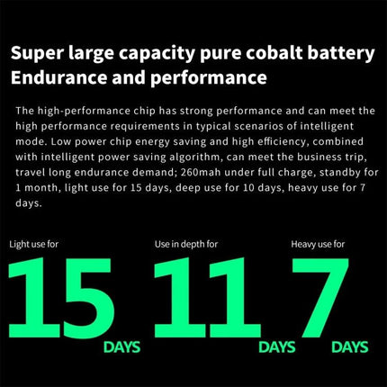 Daily Smart Watch for Health and Activity Tracking with long-life cobalt battery showing 15 days light use, 11 days deep use, 7 days heavy use