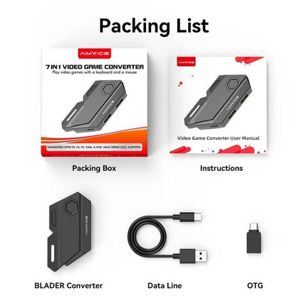 Converter for Playing Console Games with Keyboard at Home - packing list showing converter, USB data cable, OTG adapter and user manual