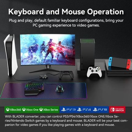 Converter for Playing Console Games with Keyboard at Home - keyboard and mouse adapter setup beside PS5, Xbox Series X, Nintendo Switch on TV display