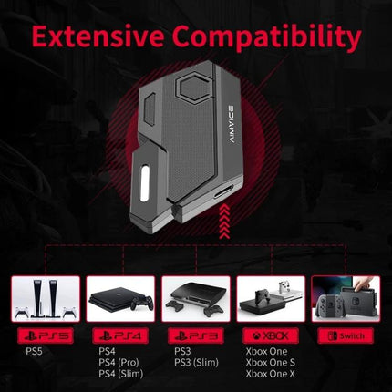 Converter for Playing Console Games with Keyboard at Home – compact adapter showing extensive compatibility with PS5, PS4, PS3, Xbox One and Nintendo Switch