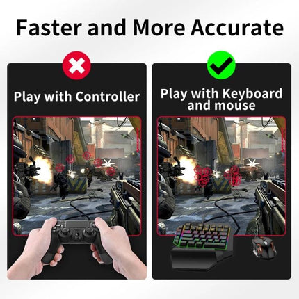Converter for Playing Console Games with Keyboard at Home - side-by-side image showing controller vs keyboard and mouse for faster, more accurate console FPS gameplay