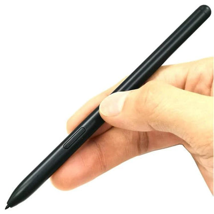 Samsung Replacement S Pen for Galaxy Tab S7 in Mystic Black held in hand showing non-Bluetooth stylus and button for precise note-taking