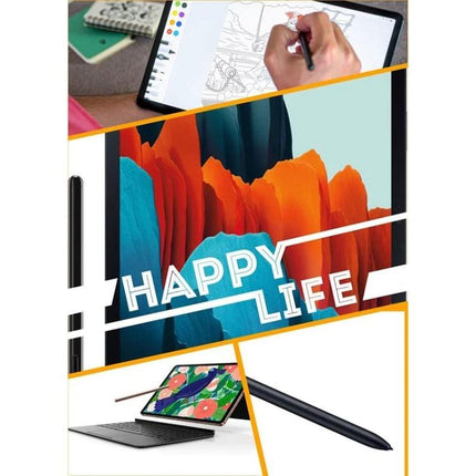 Samsung Replacement S Pen for Galaxy Tab S7 in Mystic Black stylus shown with tablet drawing and Happy Life display