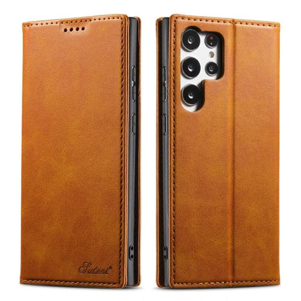 Suteni Leather Phone Case Card Slot for Everyday Carry and Daily Use On The Go Today brown PU leather folio with card slots and camera cutout