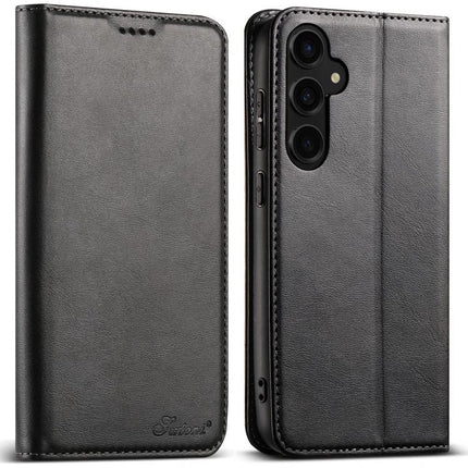 Suteni Leather Phone Case For Everyday Carry And Daily Protection Made With Durable TPU And PU Leather - black folio wallet with card slots and kickstand