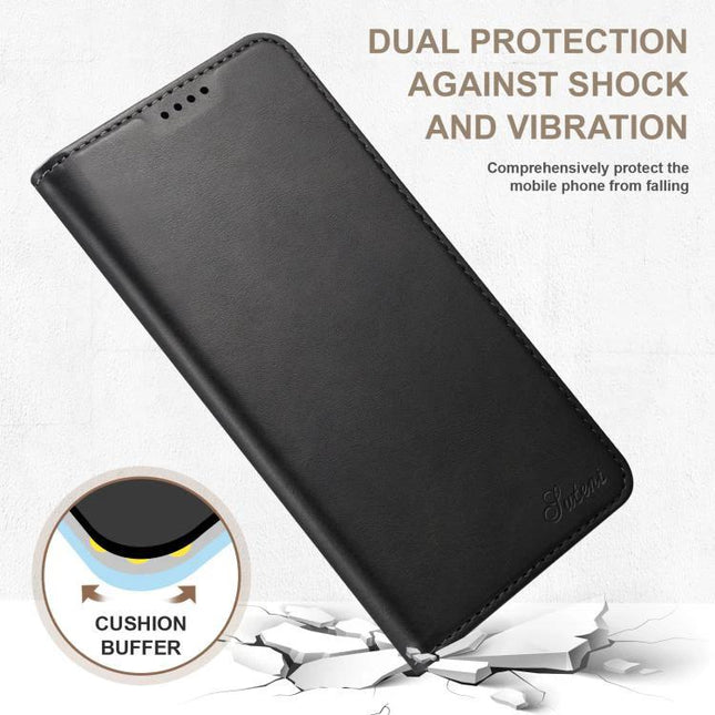 Suteni Leather Phone Case For Everyday Carry And Daily Protection Made With Durable TPU And PU Leather - black folio with card slots and kickstand