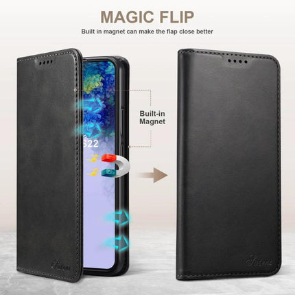 Suteni Leather Phone Case For Everyday Carry And Daily Protection Made With Durable TPU And PU Leather - black folio wallet with built-in magnet and kickstand