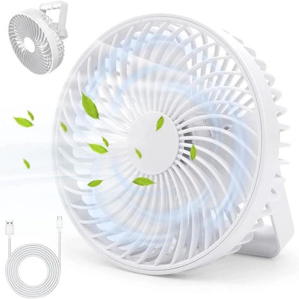 Rechargeable Portable Tent Fan with LED Light for Camping, compact white rechargeable fan with USB cable and LED for tent cooling and illumination