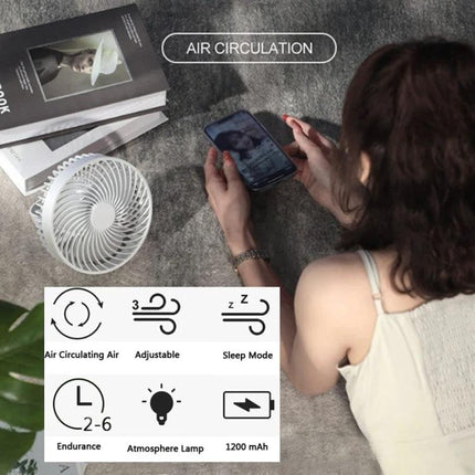 Rechargeable Portable Tent Fan with LED Light for Camping providing adjustable airflow and atmosphere lamp for tent cooling and sleep mode