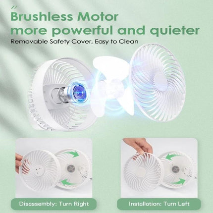 Rechargeable Portable Tent Fan with LED Light for Camping showing brushless motor, removable cover and disassembly/installation steps