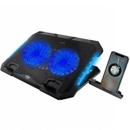 Adjustable Height Laptop Cooling Pad for Ergonomic Computing – elevated mesh cooling pad with dual blue LED fans, seven height levels and phone stand