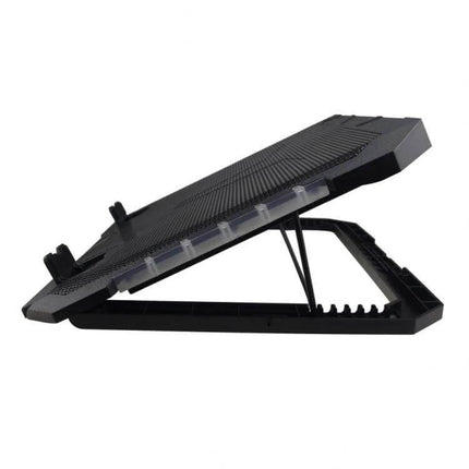 Adjustable Height Laptop Cooling Pad for Ergonomic Computing showing black adjustable stand angled for better posture and cooling