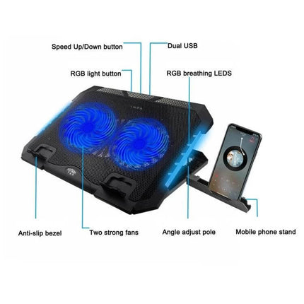 Adjustable Height Laptop Cooling Pad for Ergonomic Computing with dual fans, RGB lights, phone stand and seven adjustable height levels