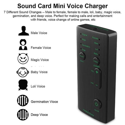 M1 Voice Changer Device for Casual Gaming and Social Fun - handheld 3.5mm voice changer showing modes like male, female, magic, baby, loli, deep