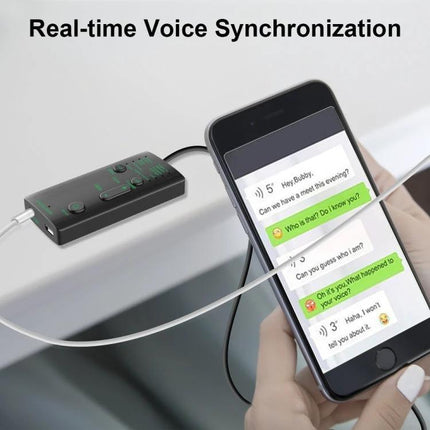 M1 Voice Changer Device for Casual Gaming and Social Fun plugged into phone for real-time voice synchronization during gaming and calls