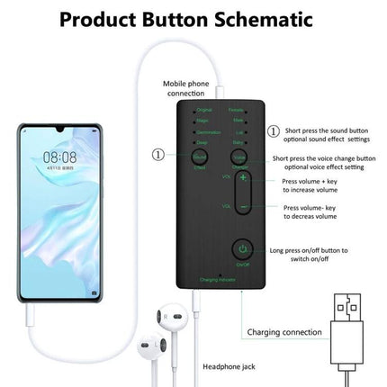 M1 Voice Changer Device for Casual Gaming and Social Fun handheld schematic showing buttons, phone connection, headphone jack and USB charging