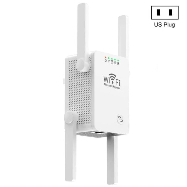 Wireless WiFi Repeater Extender for Home Signal Coverage - white four-antenna WiFi repeater with US plug, LED indicators and compact wall-mount design