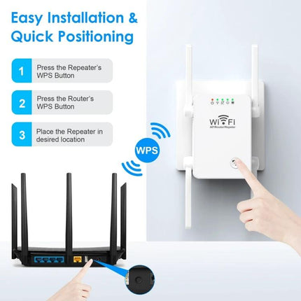 Wireless WiFi Repeater Extender for Home Signal Coverage - wall-mounted repeater with four external antennas showing WPS setup and router connection