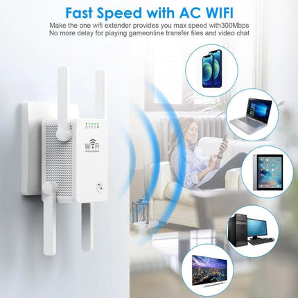 Wireless WiFi Repeater Extender for Home Signal Coverage - wall-mounted dual-antenna unit boosting WiFi to laptops, phones, smart TVs and tablets
