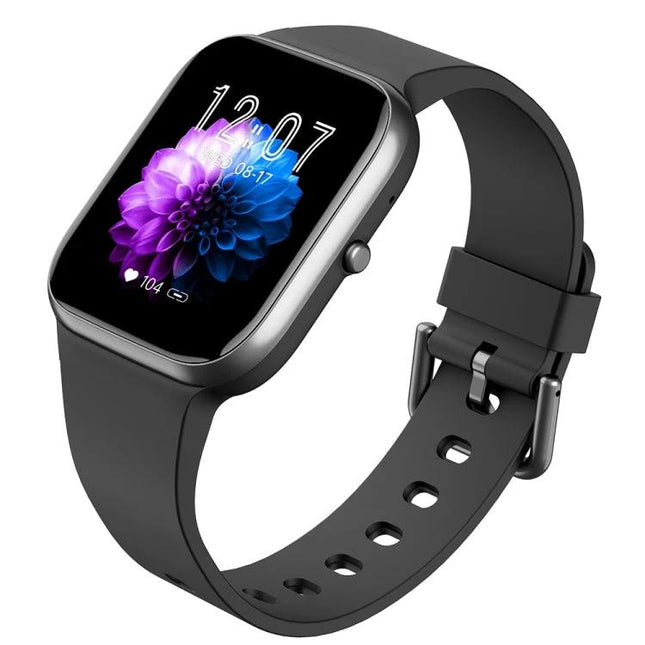 Daily smart watch for tracking health during routines showing black smartwatch with heart rate, blood oxygen and glucose monitoring on screen