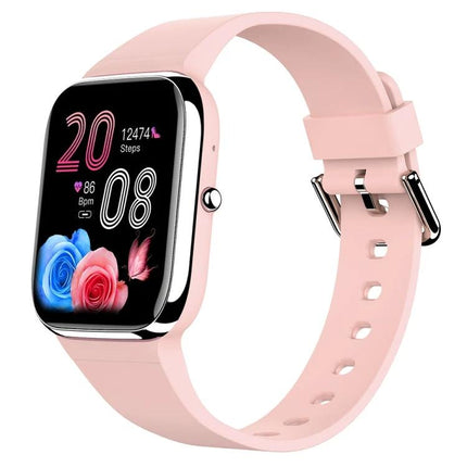 Daily smart watch for tracking health during routines - pink smartwatch showing heart rate, steps, BP and oxygen monitoring on display