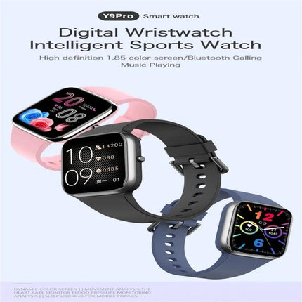 Daily smart watch for tracking health during routines - sleek digital wristwatch in pink, black and blue showing heart rate, BP and glucose monitoring