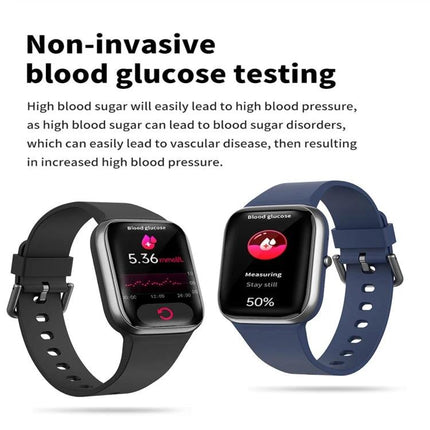 Daily smart watch for tracking health during routines showing non-invasive blood glucose, heart rate and oxygen monitoring on two wrist devices